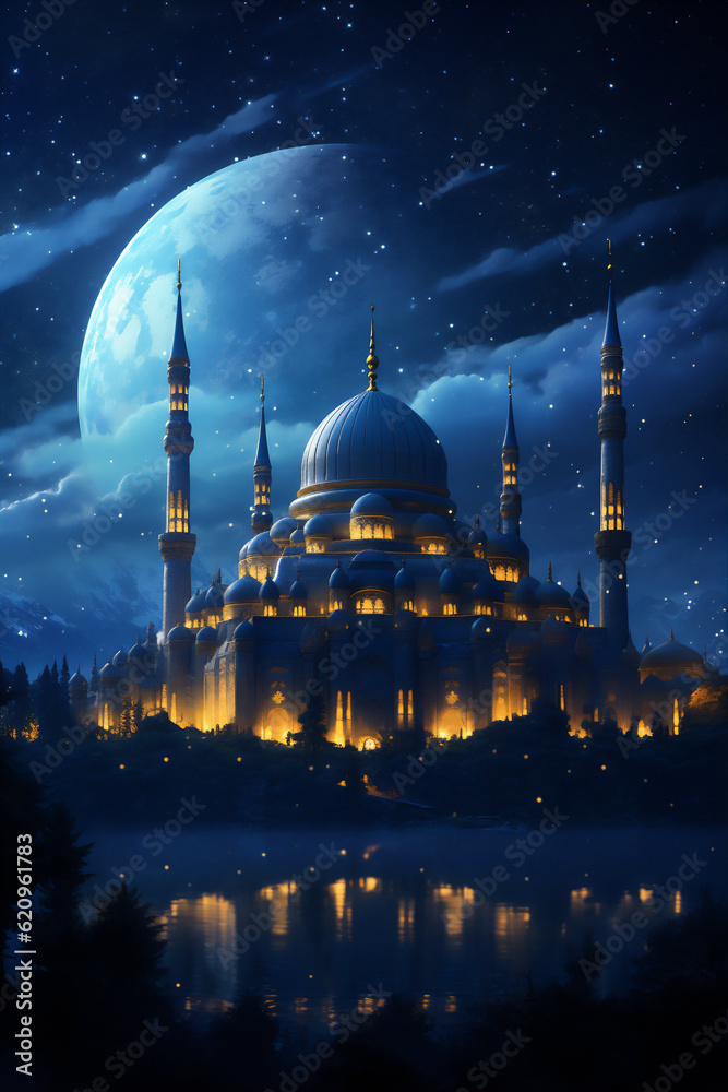 Beautiful Mosque illustration at the starry and moon light, Created using generative AI tools