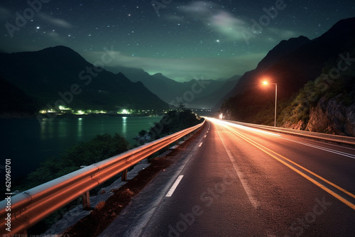 Highway in the mountains at night with starry sky background. © Graphicsstudio 5