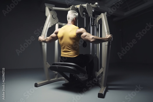 Man doing rear delt machine flyes exercise with Generative AI technology. photo