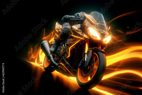 Motorcyclist in a helmet with a motorcycle on fire. 3d rendering