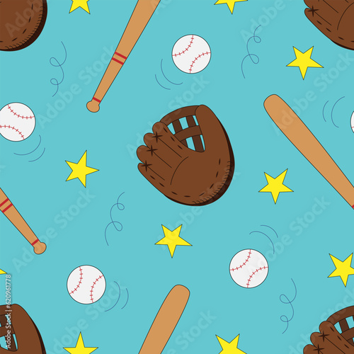 Vector seamless pattern with baseball gloves, bats and balls in cartoon style