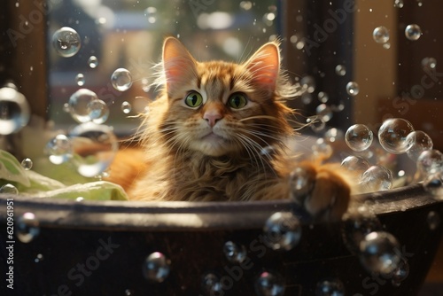 Bubbly Bath Time Cat in Soapy Bathtub, Generative AI