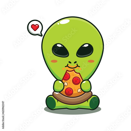 cute alien eating pizza cartoon vector illustration.