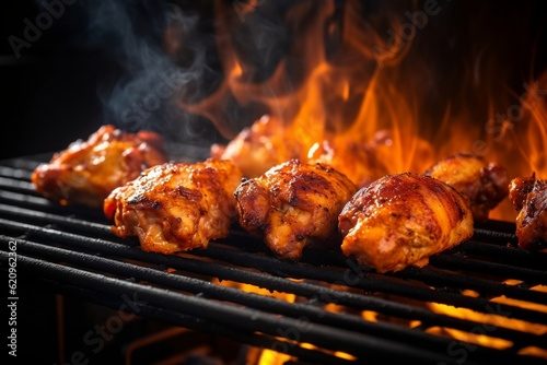 Grilled Delights Chicken Pieces on BBQ Grill Grid with Fire and Smoke. Generative AI