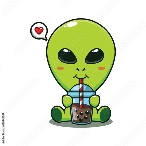 cute alien drink boba milk tea cartoon vector illustration.