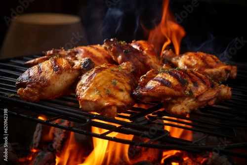 Grilled Delights Chicken Pieces on BBQ Grill Grid with Fire and Smoke. Generative AI