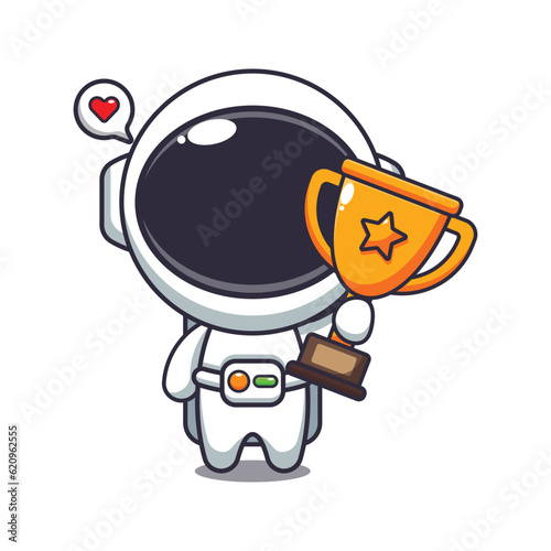cute astronaut holding gold trophy cup cartoon vector illustration.