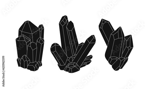 Hand-drawn crystal minerals set. Minimalistic flat design, retro style, black color. Geometric gemstone drawing.