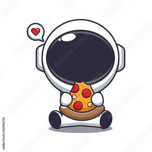 cute astronaut eating pizza cartoon vector illustration.