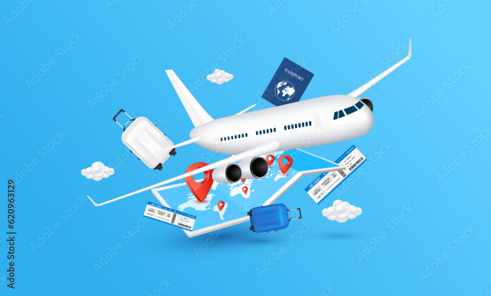 Airplane is taking float in the air with Air ticket passport luggage map and red location pin on a blue background. For advertising media about tourism. Travel transport concept. 3D Vector.