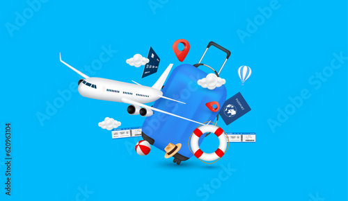 Luggage blue, air ticket, passport with airplane is taking off. For making advertising media about tourism. Travel transport concept. 3D Vector EPS10.