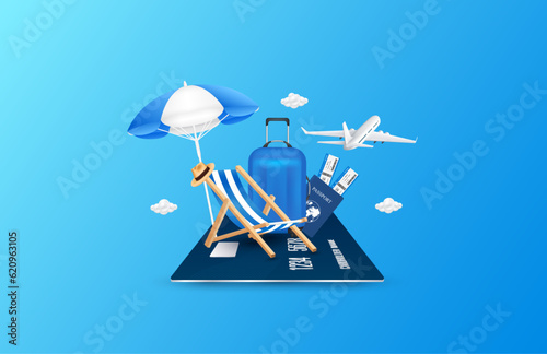 Photo Deck chair umbrella and luggage, air ticket passport on credit card with airplane is taking off