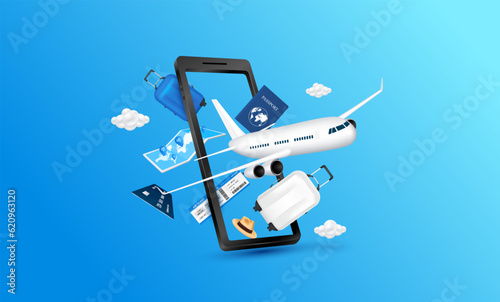 Airplane is taking off leave smartphone with Air ticket passport luggage map and credit card float away from. For advertising media about tourism. Travel transport concept. 3D Vector.