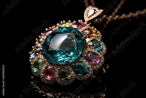 Jewelry with precious stones on black background, AI Generated