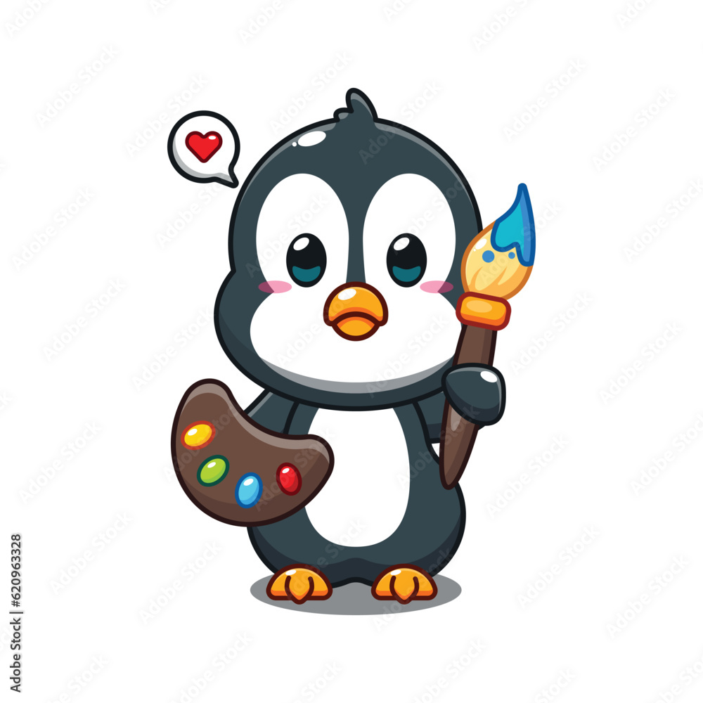 cute penguin painter cartoon vector illustration.
