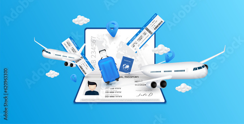 Airplane is taking off from passport. Luggage blue, air ticket and cloud float away. For media tourism advertising banner design. Holiday travel and Transport concept. 3D Vector EPS10.