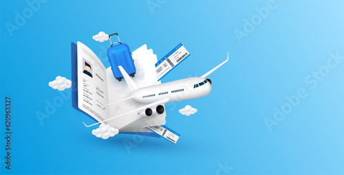 Airplane is taking off from passport. Luggage blue, air ticket and cloud float away. For media tourism advertising banner design. Holiday travel and Transport concept. 3D Vector EPS10.