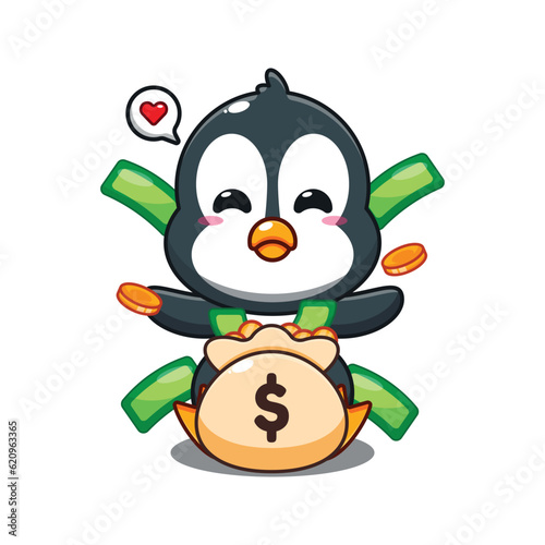 cute penguin with money bag cartoon vector illustration.