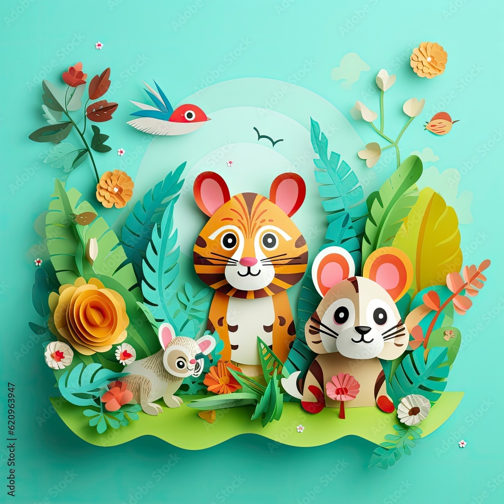 Naklejka premium colorful, funny animals running, simple paper cut animation for kids-art