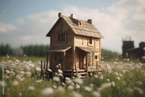 Model of a wooden house standing on the field with blossoming windflower with Generative AI technology