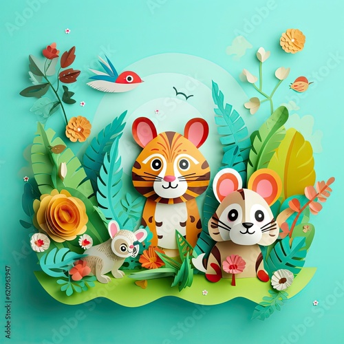 colorful  funny animals running  simple paper cut animation for kids-art