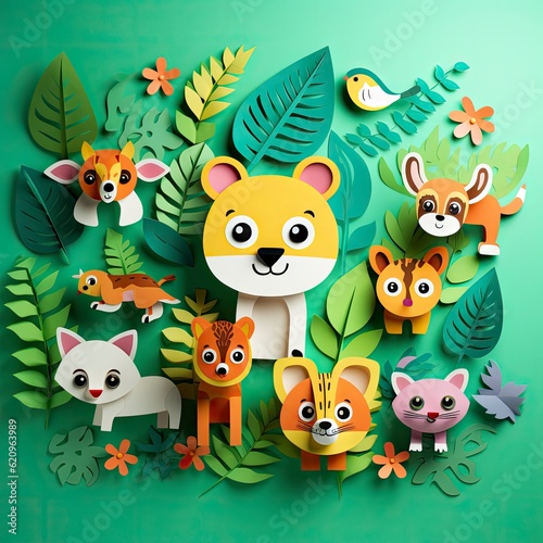 colorful, funny animals running, simple paper cut animation for kids-art