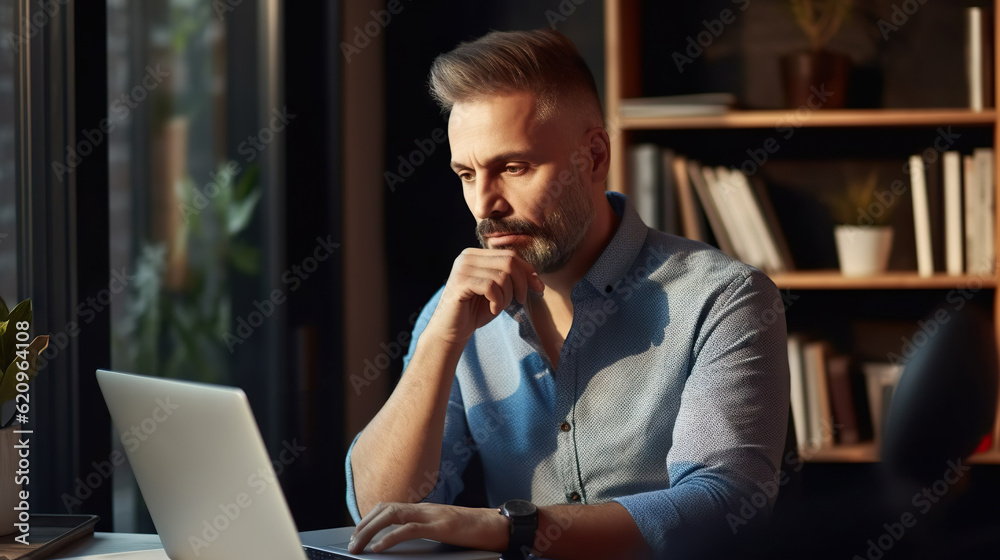 Professional male employee or a businessman using a laptop in a modern office. Copy space Professional male employee or a businessman using a laptop in a modern office. Copy space