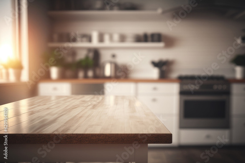 Empty luxury modern table with blurry background of kitchen, AI generated