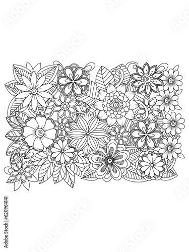Outline vector drawing of flowers for adult coloring books. Page of floral pattern in black and white