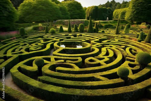 Green Garden Bushes Maze. Labyrinth. Generative AI