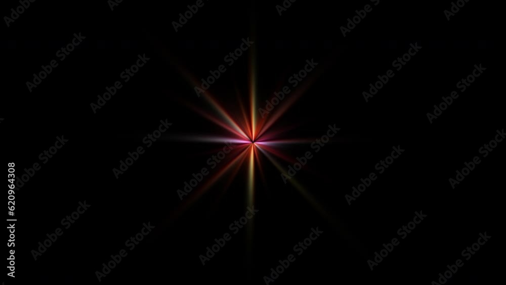 Abstract loop center colorful star optical shine light lens flares flickering rotation animation background for screen project overlay. 4K seamless loop dynamic kinetic bright star light rays effect. Abstract loop center colorful star optical shine light lens flares flickering rotation animation background for screen project overlay. 4K seamless loop dynamic kinetic bright star light rays effect.