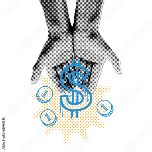 Minimalist collage isolated element with halftone style hands holding money. Wealth and spending metaphor composition. Finance-themed Cutouts magazines scrap. Dotted Vector illustration.