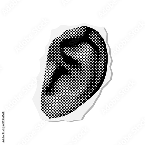 Halftone Close Up Human Ear. Isolated Part Of Body. Realistic dotted vector illustration.