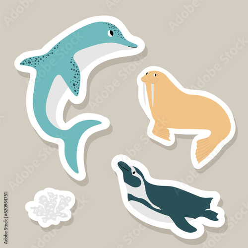 Cute vector stickers set with dolphin  walrus  penguin  corals.Underwater cartoon creatures.Marine animals.Cute ocean illustration for fabric  childrens clothing book  postcard wrapping paper