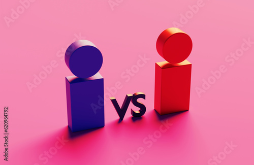 The sign of a man and a woman, a red and blue silhouette of a man on a pink background in a contoured light with tinting, the concept of yin and yang, the struggle of opposites, 3d rendering