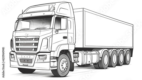 An American freight truck transporting a cargo container on white background, mirbudsstore Semi Truck 18 Wheeler illustration for background