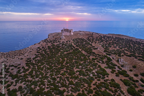 Aerial view of the fortified tower and island of Capo Passero at sunrise, Capo Passero island, Portopalo di Capo Passero municipality, Siracusa province, Sicily