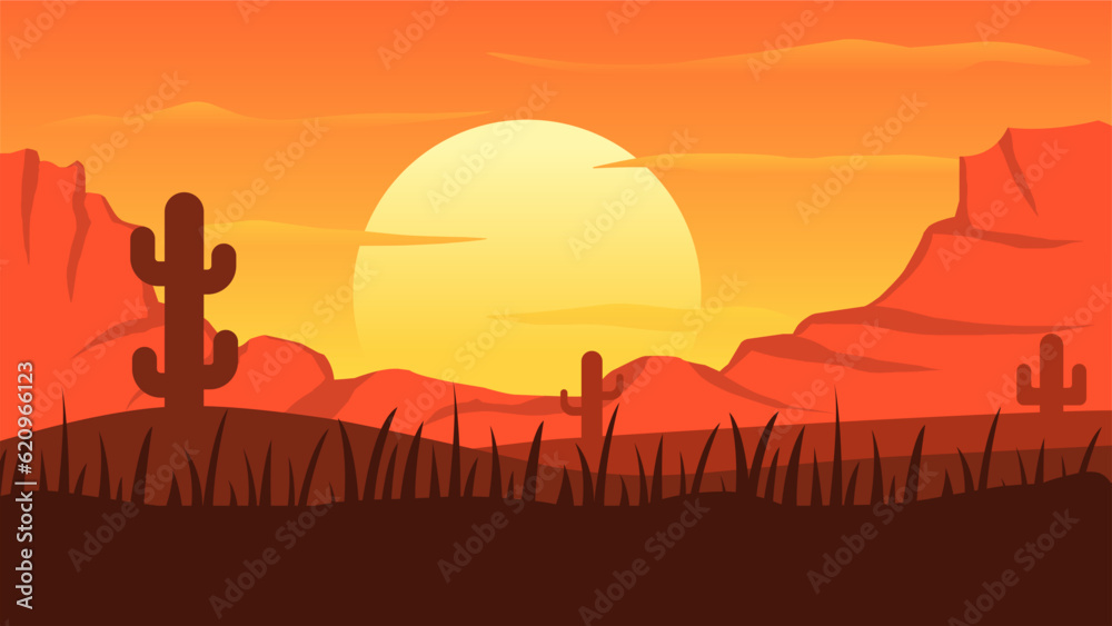 Desert landscape vector illustration. Canyon desert landscape with cactus, ridge and sunset sky. American desert silhouette landscape for background, wallpaper, display or landing page Desert landscape vector illustration. Canyon desert landscape with cactus, ridge and sunset sky. American desert silhouette landscape for background, wallpaper, display or landing page
