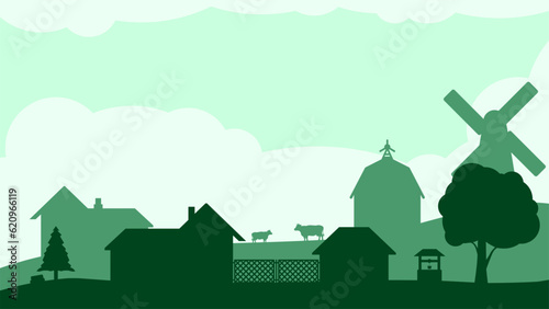 Countryside landscape vector illustration. Farm silhouette landscape with barn, windmill, cow and goat. Rural agriculture silhouette landscape for background, wallpaper, display or landing page