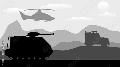 Military base landscape vector illustration. Military army with armored fighting vehicle and attack helicopter. Battlefield silhouette landscape for background, wallpaper, display or landing page