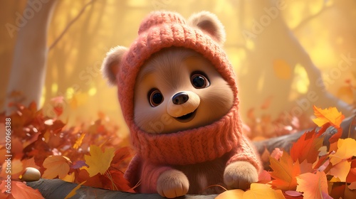 Cute bear cub against the background of the autumn forest