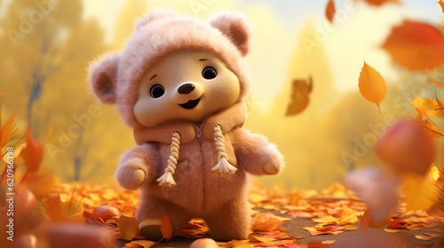 Cute bear cub against the background of the autumn forest