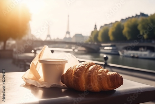 french croissant bar france table food cup paris drink breakfast. Generative AI.