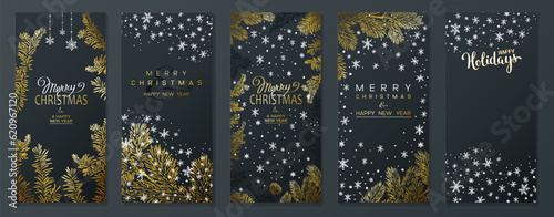 Christmas Poster set. Vector illustration of Christmas Background with branches of christmas tree and golden elements. Christmas template for phone.