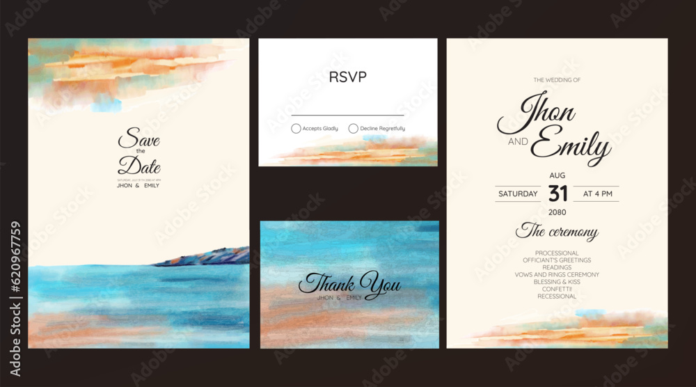 wedding invitation with beach and mountain view watercolor background