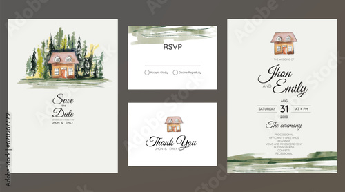 wedding invitation, watercolor small house in the village