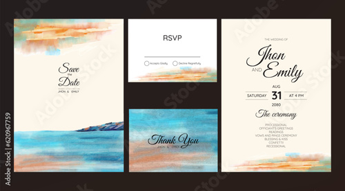 wedding invitation with beach and mountain view watercolor background