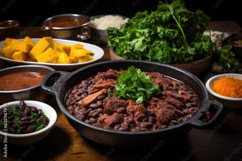 feijoada on wooden table, traditional brazilian food