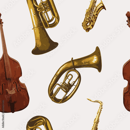 seamless background pattern with different wind and string musical instruments on the theme of jazz music. Trumpets, saxophone and contrabass. suitable for wallpaper, wrapping paper.