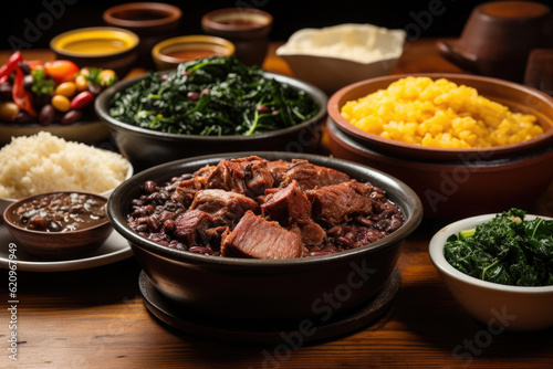 feijoada on wooden table, traditional brazilian food